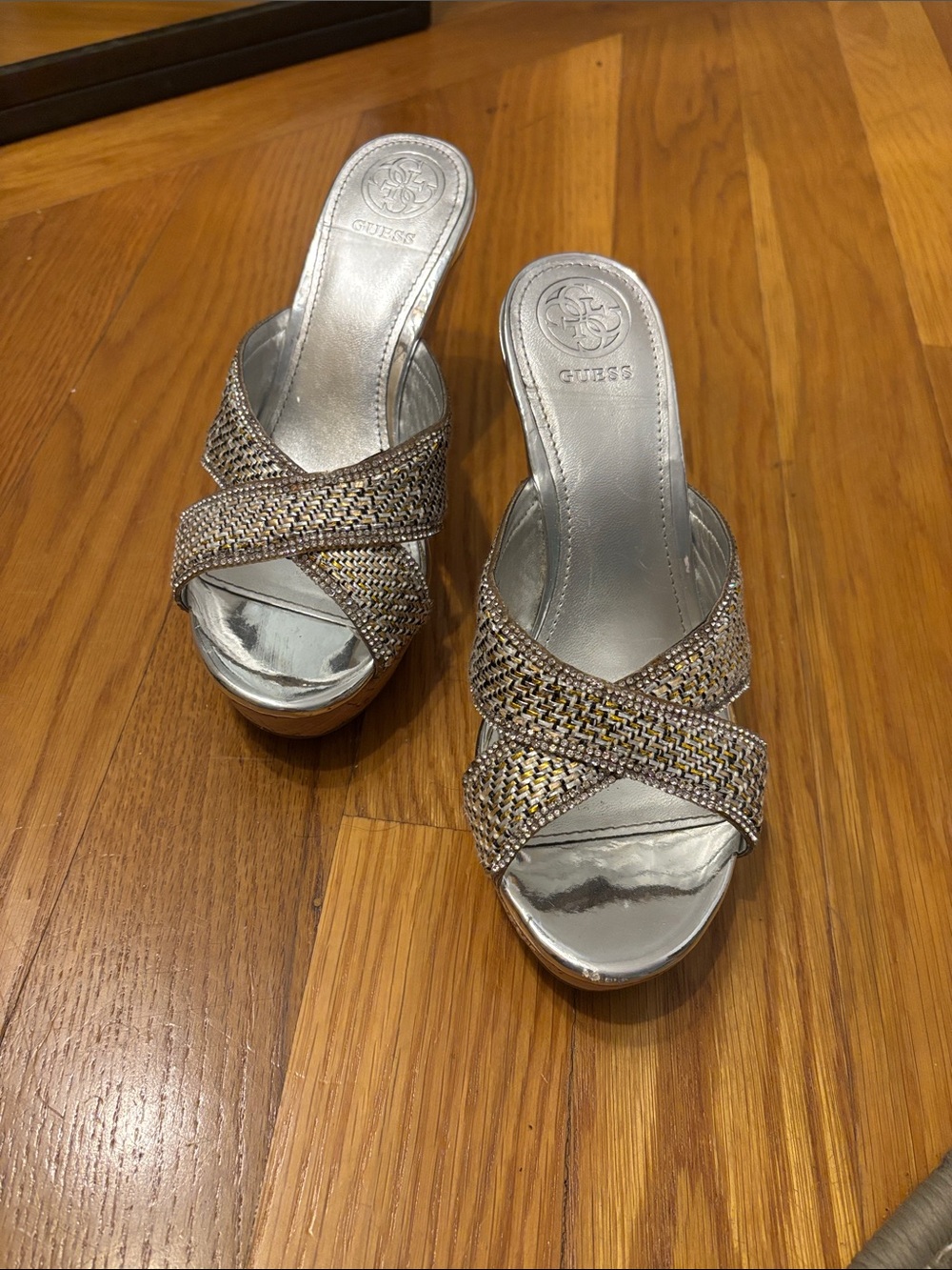 GUESS Silver Metallic Crisscross Woven Slide Mule Wedges